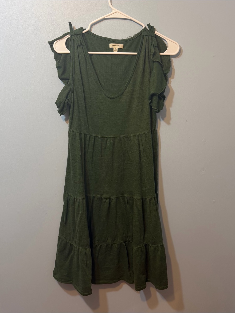 Max Studio Olive Green Ruffle-Shoulder Midi Dress
